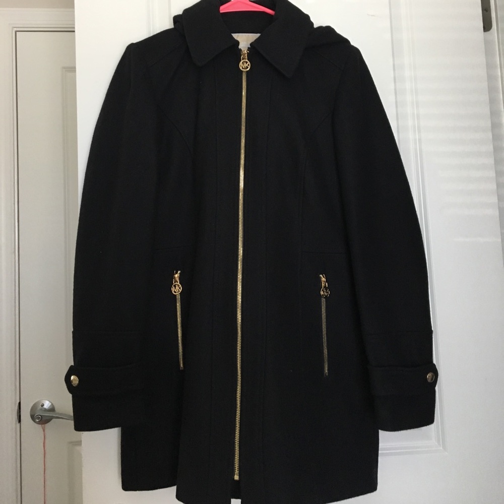 Michael Kors Blk Hooded Zip Front Wool Blend Coat