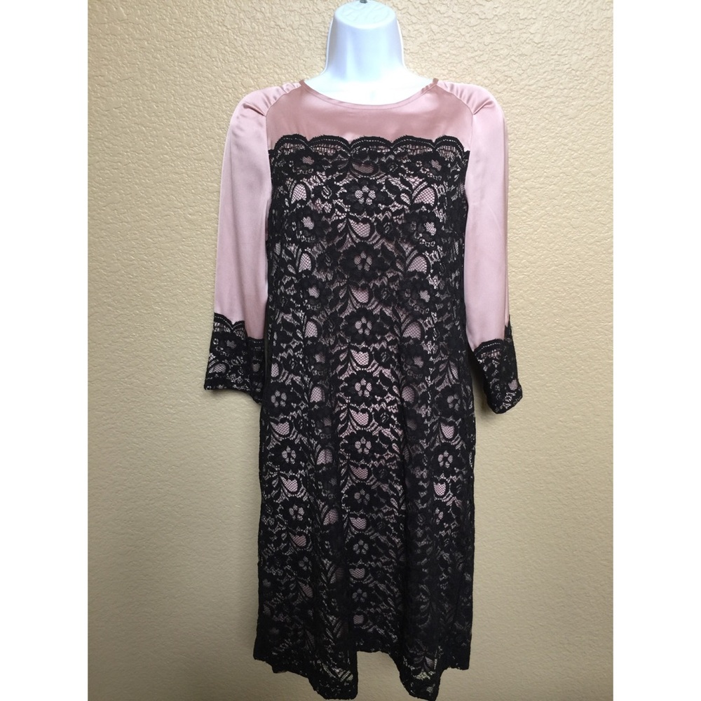 Just Taylor blush / black lace overlay midi dress
