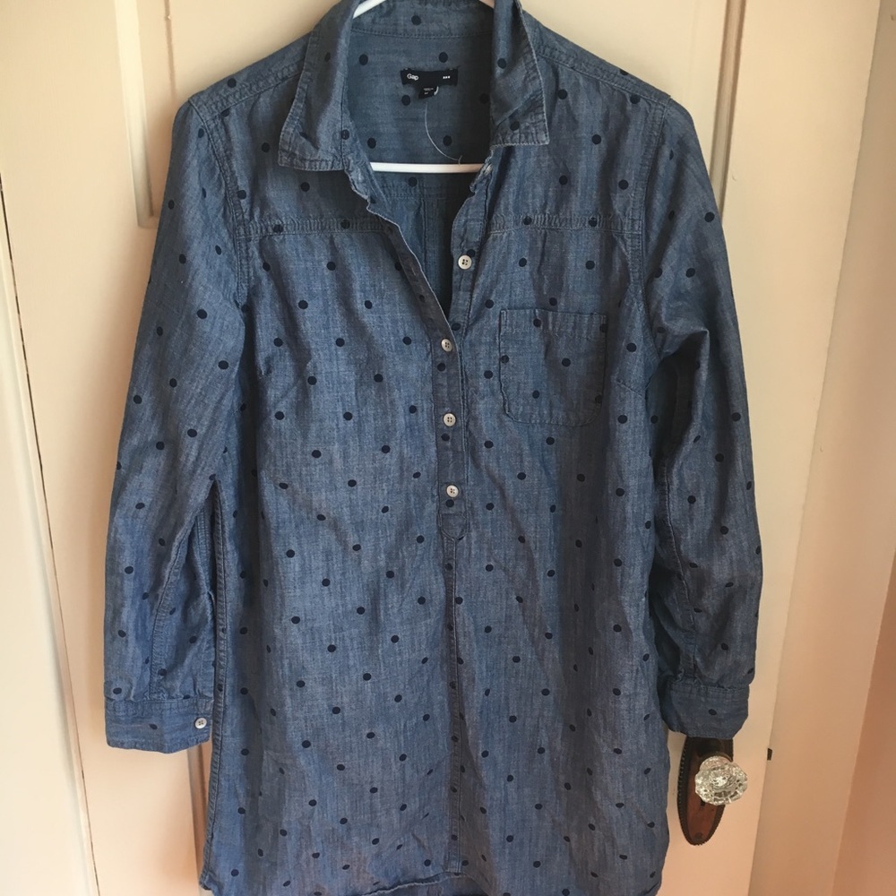 GAP Chambray Denim Polka Dot Popover Shirt Dress