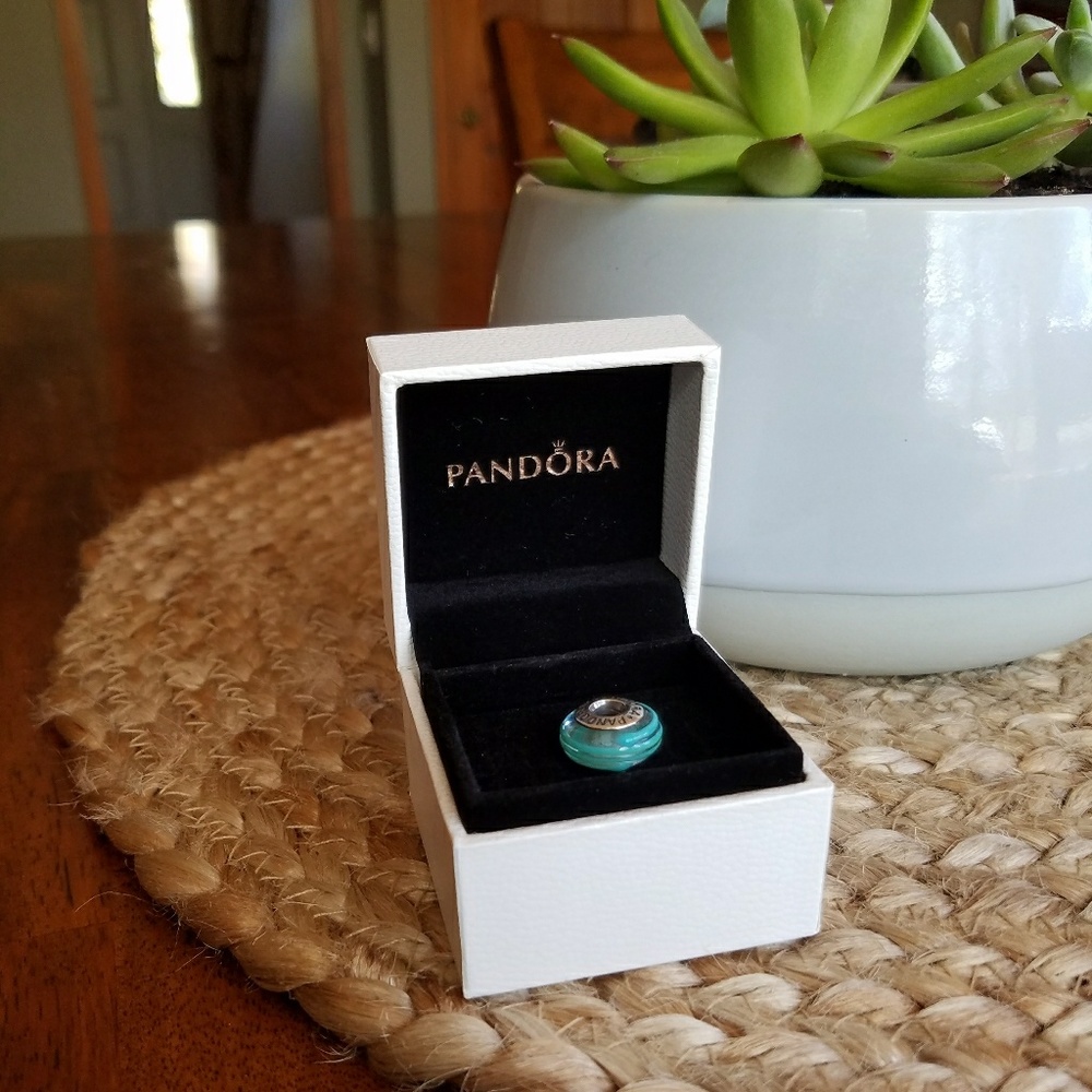 Pandora Charm Clear Teal Ribbon EUC