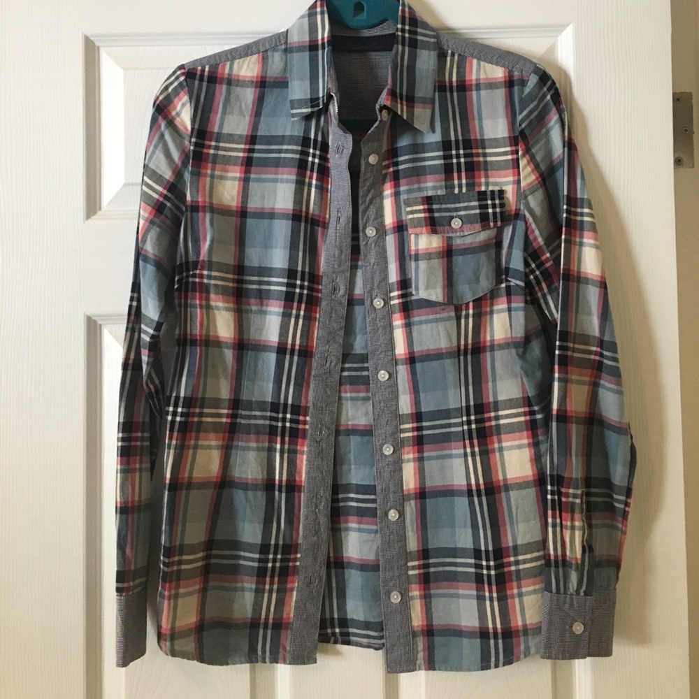 Contrast trim blue and pink plaid button down
