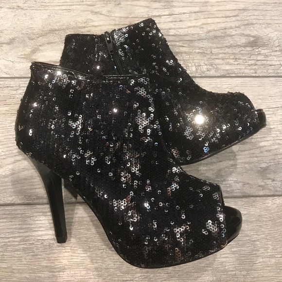 Sequin Metallic Peep Toe Stiletto Ankle Booties - Picture 3 of 3