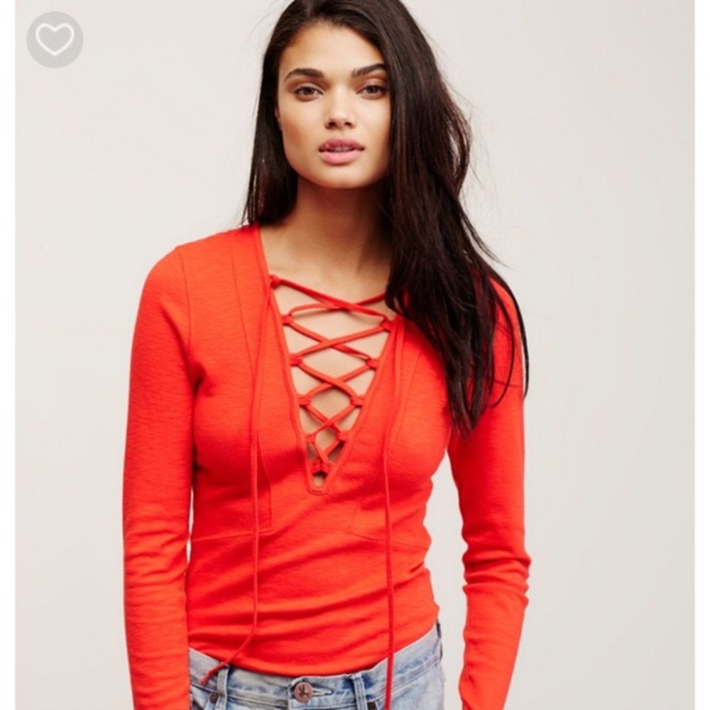 Free People Lucky Lace Up Top in Fire Red