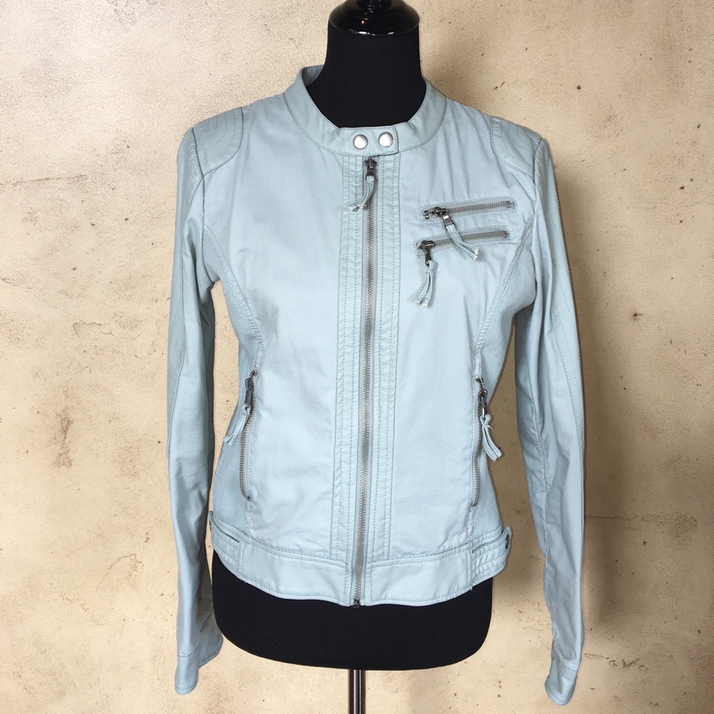 Vegan leather and fabric motto jacket
