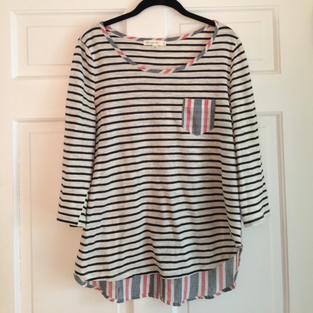 Comme Toi striped mixed media tee with button back