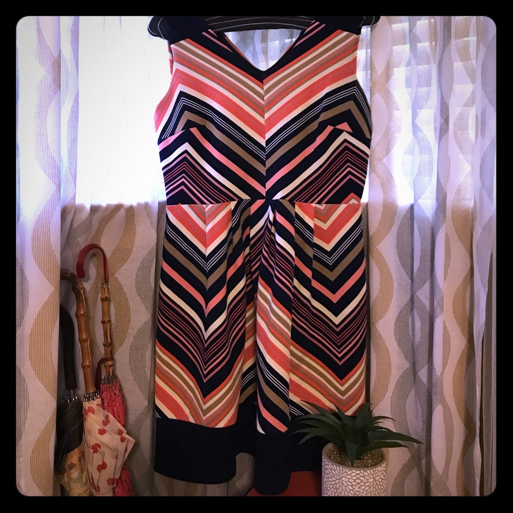 Geometric Fit & Flare Dress With Chevron Stripe