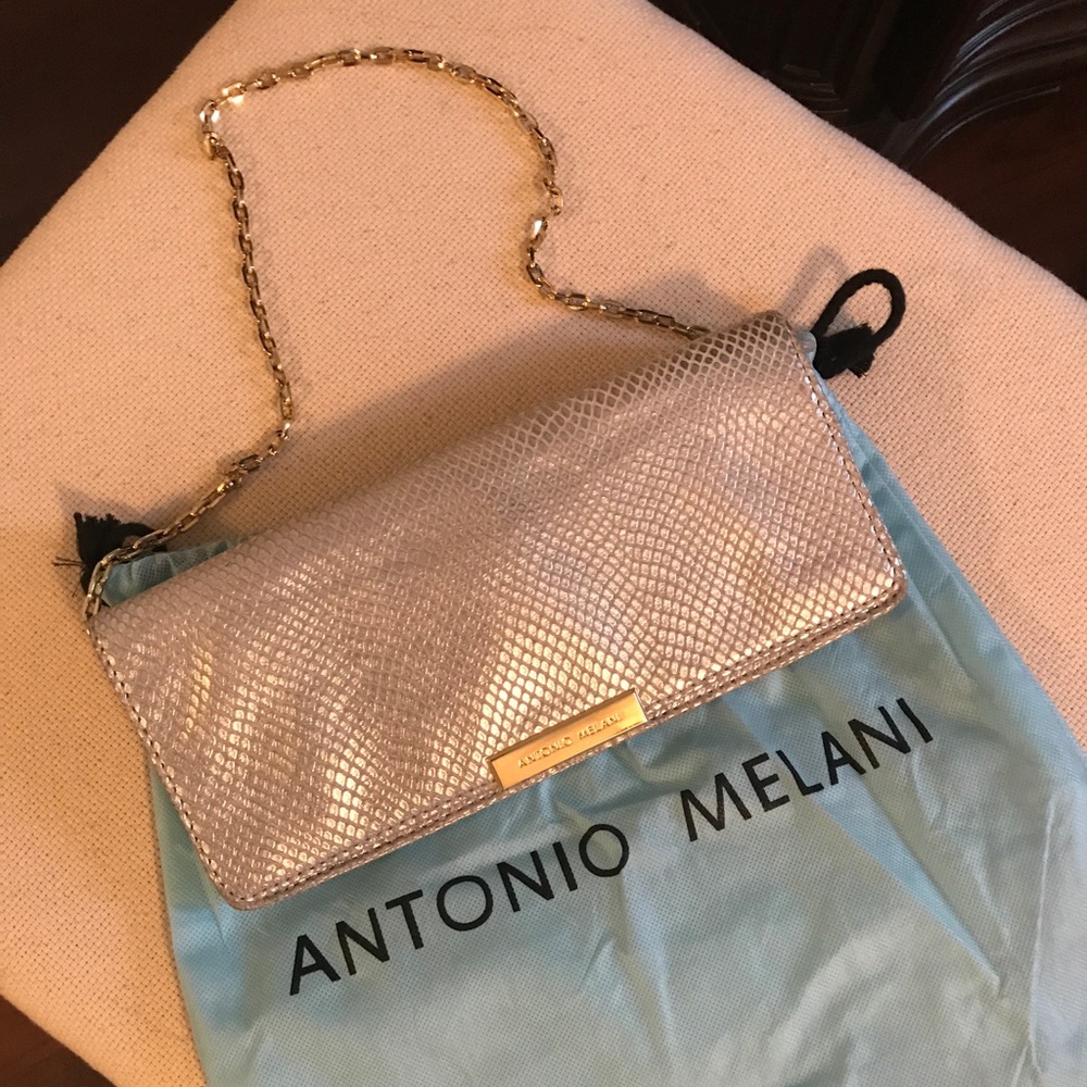 Antonio Melani Silver Snakeskin Clutch Purse