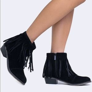 Western fringe ankle boots vegan suede wooden heel