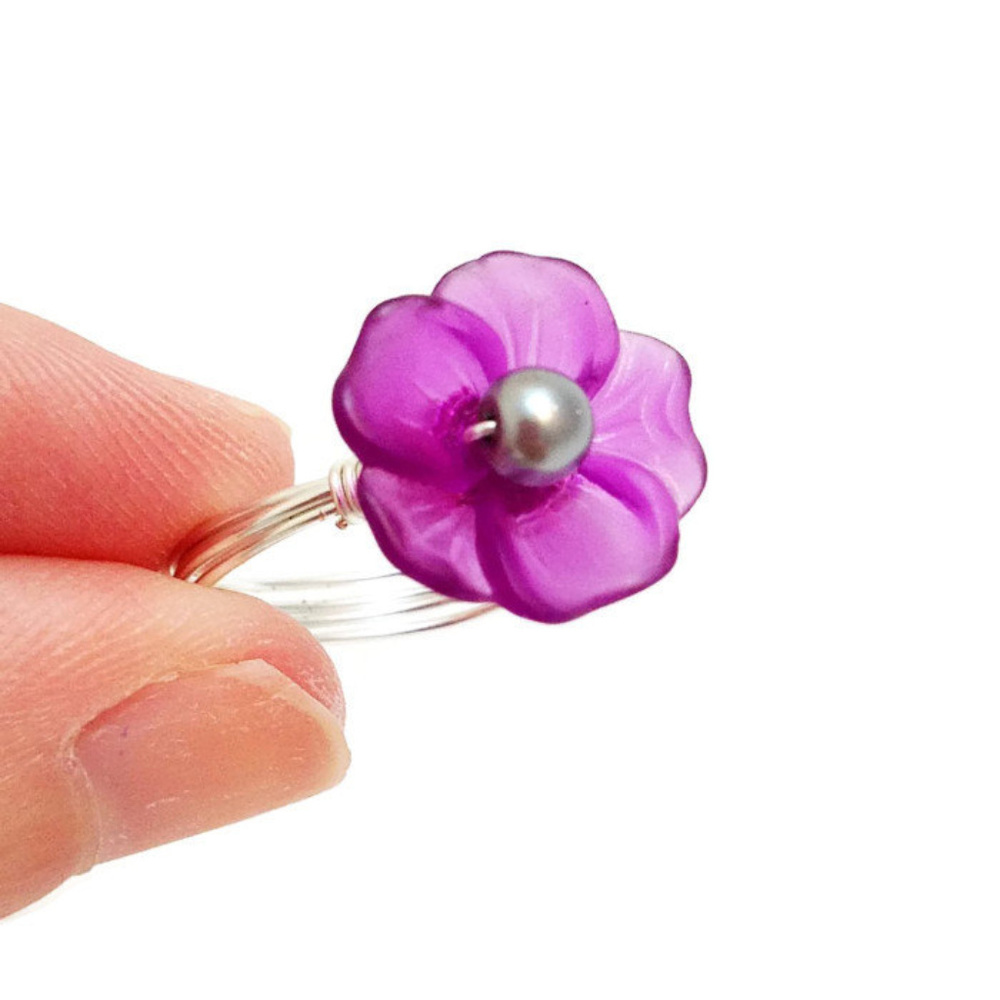 Purple Lucite Flower Handmade Wire Wrapped Ring