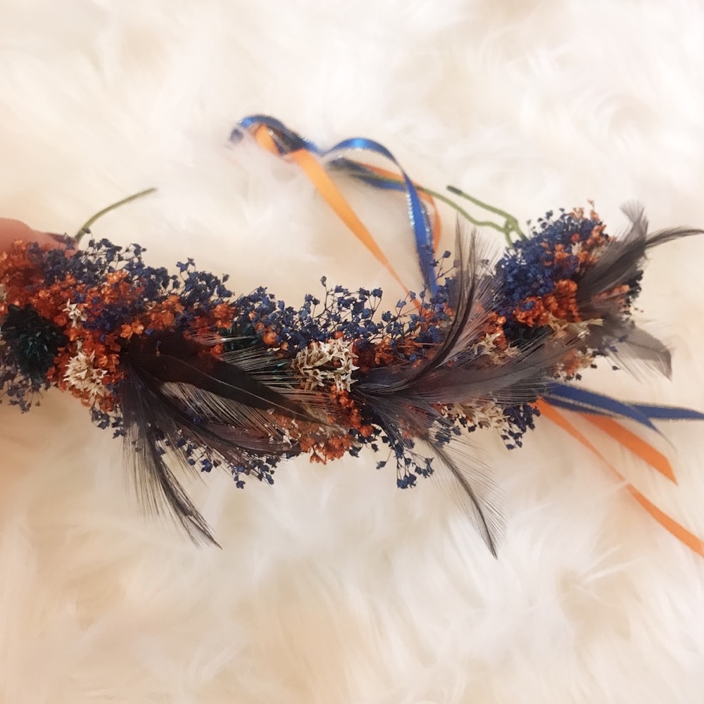 Renaissance feather flower crown w/ ribbon