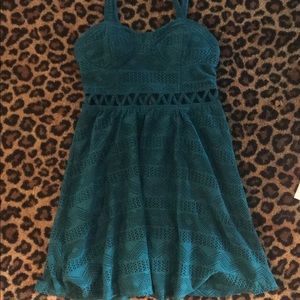 Aztec lace blue dress cut out S NWOT