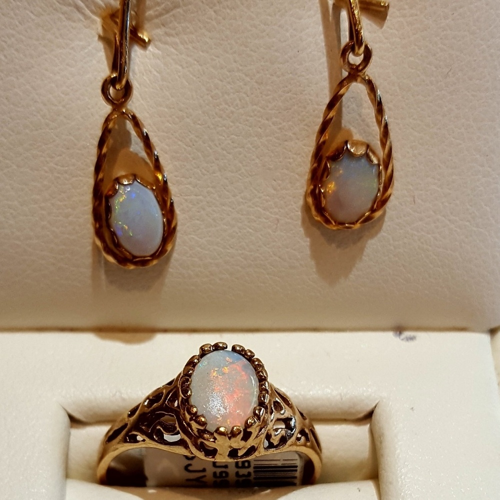 10K Opal ring with 14K Opal dangle earrings