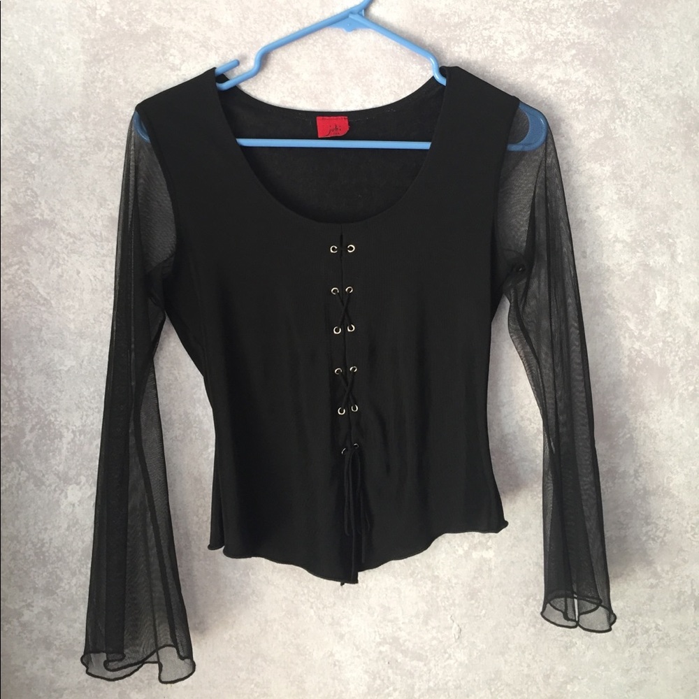 Lace up black sheer sleeve shirt