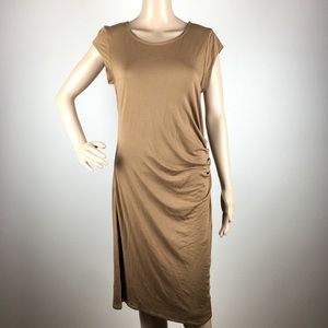 Premise Tan Bodycon Midi Dress Ruched Side