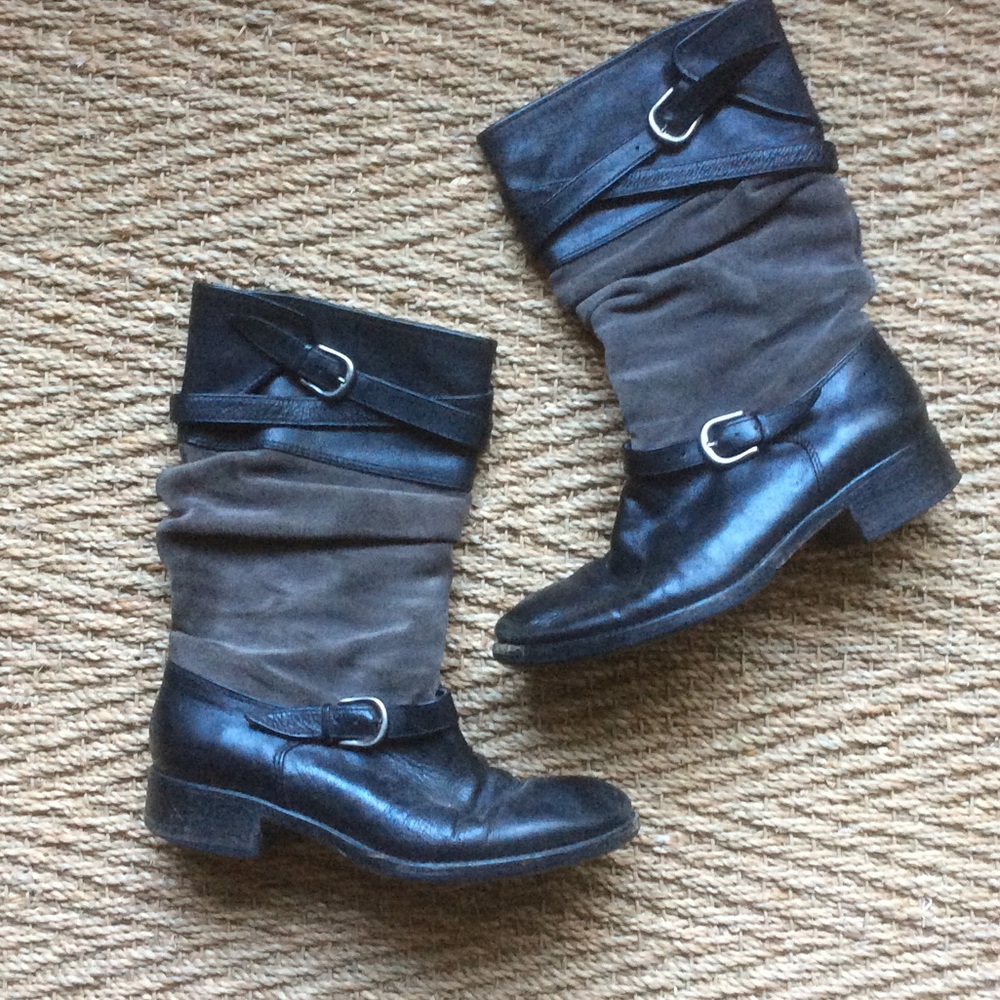 Grey and black belts & buckle boots leather suede