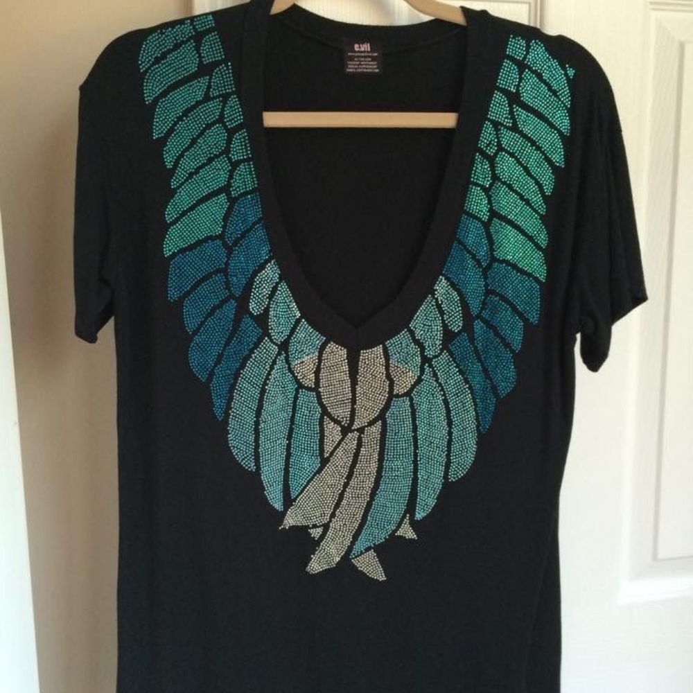 NWOT Black Turquoise Feather Rhinestone Top