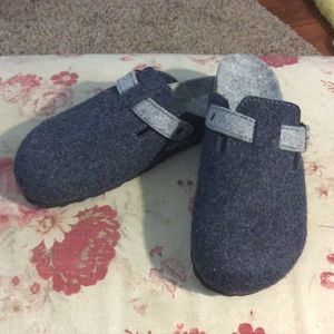 Mandel Denim Blue Wool Felt Clogs.