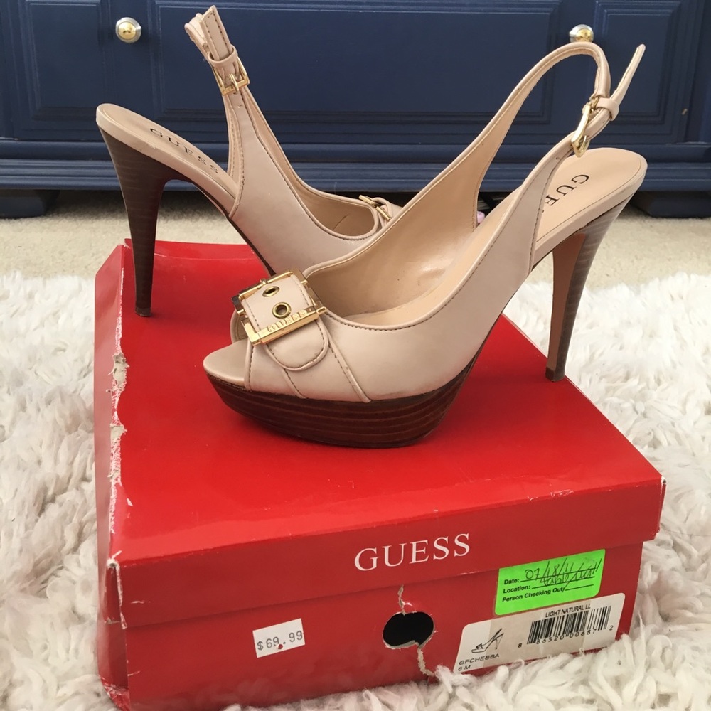 GUESS Natural Nude Heels w/ Gold Buckle