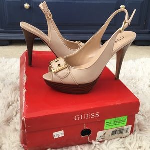 GUESS Natural Nude Heels w/ Gold Buckle