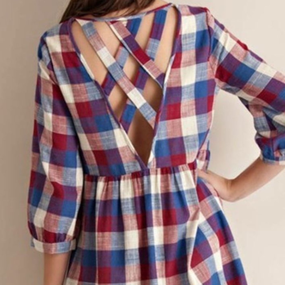 Plaid Babydoll Dress with Criss Cross Cut Out Back