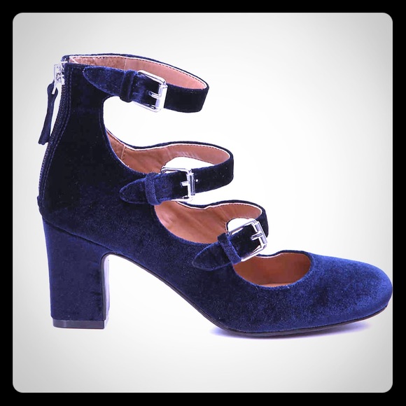 Blue Velvet Buckle Heels - Picture 2 of 7