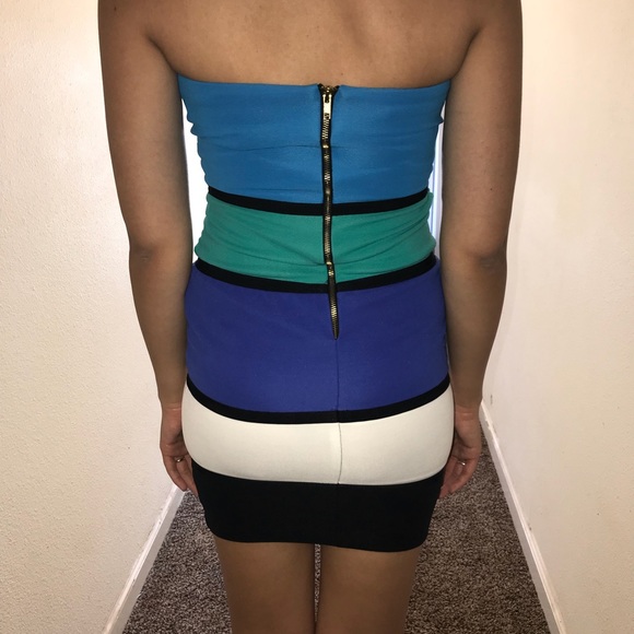 Green and Blue Stripes Mini Form Fitting Dress - Picture 2 of 2