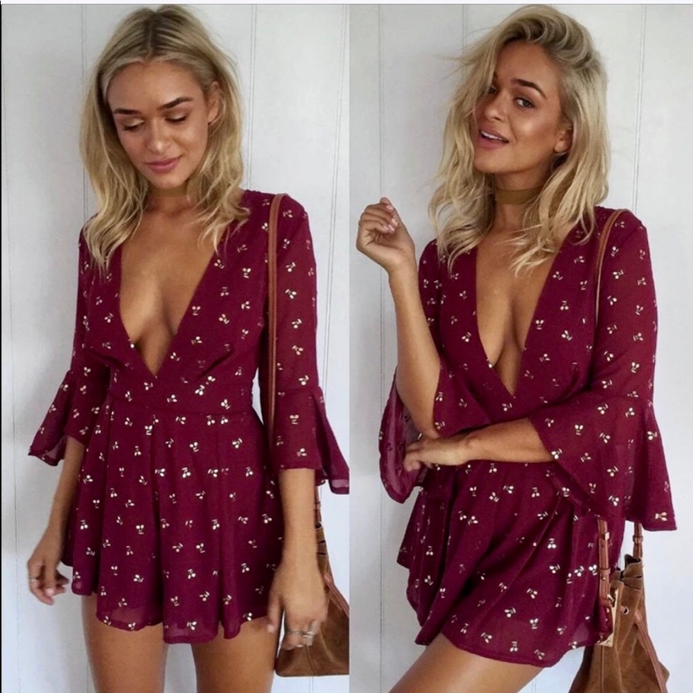 🍒 GIFTED!!Burgundy Wine & Gold Cherry Romper🍒