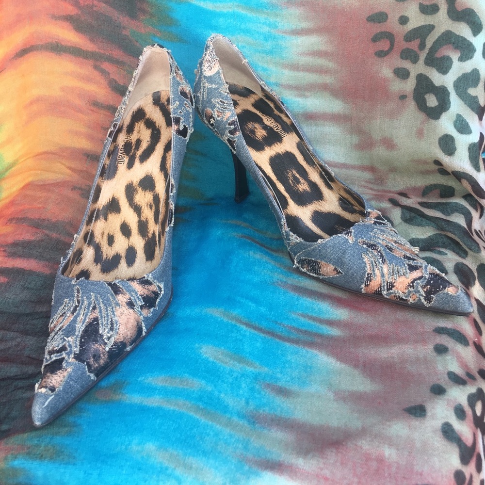 Roberto Cavalli, 38, leather, leopard & denim heel