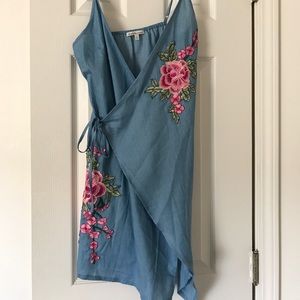 Floral Embroidered Chambray Wrap Dress 