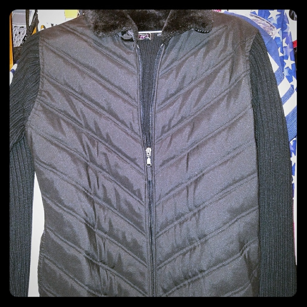 Sz Med Black Mixed Media Zip Sweater Jacket