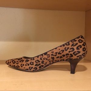 Clarks leopard-print, pointy toes heels.