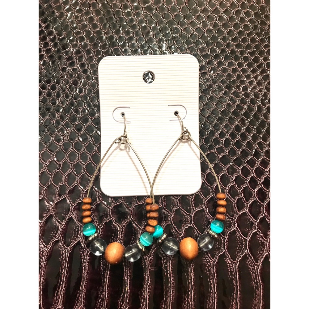 Turquoise & Brown Bead Wire Hoop Earings