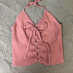 Maroon, stretchy, lace up halter top