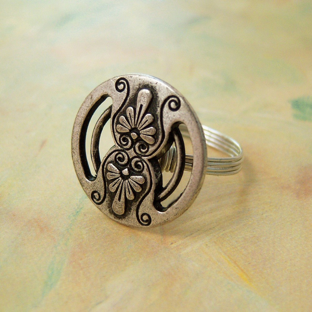 Ornate Pewter Wire Wrapped Ring - Handmade