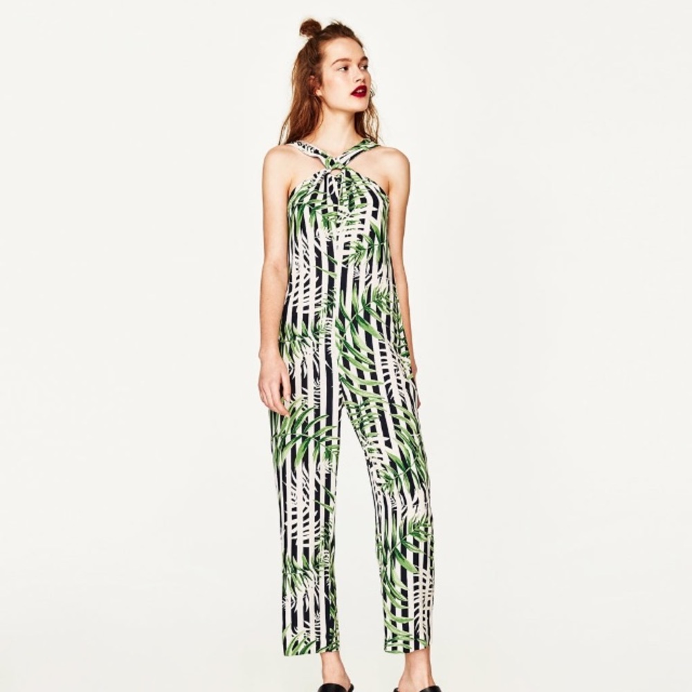 ZARA B/W Striped Green Leaves Print Jumpsuit