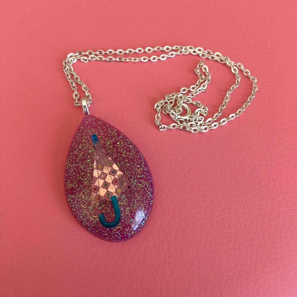 Rainy Days Pink Glitter Resin Necklace