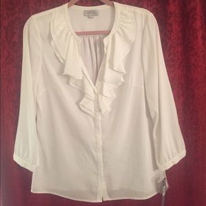 Tahari White Ruffled Blouse. 3/4 sleeves. Size M
