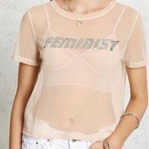 Natural Sequined Mesh Feminist Top.