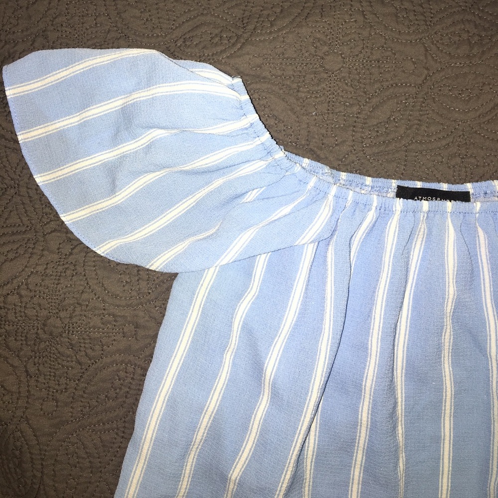 Off the shoulder blue and white striped blouse