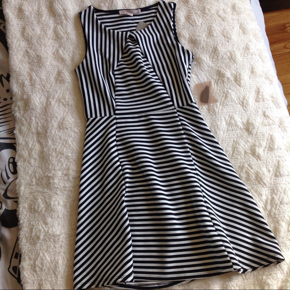 Striped fit flare dress black white pleated front - Picture 4 of 7