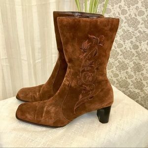 Brown Suede Embroidered Mid Calf Boots
