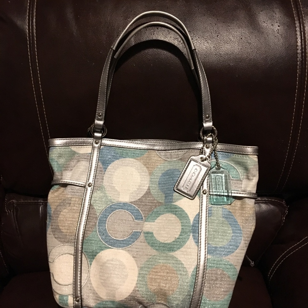 Turquoise and silver coach bag