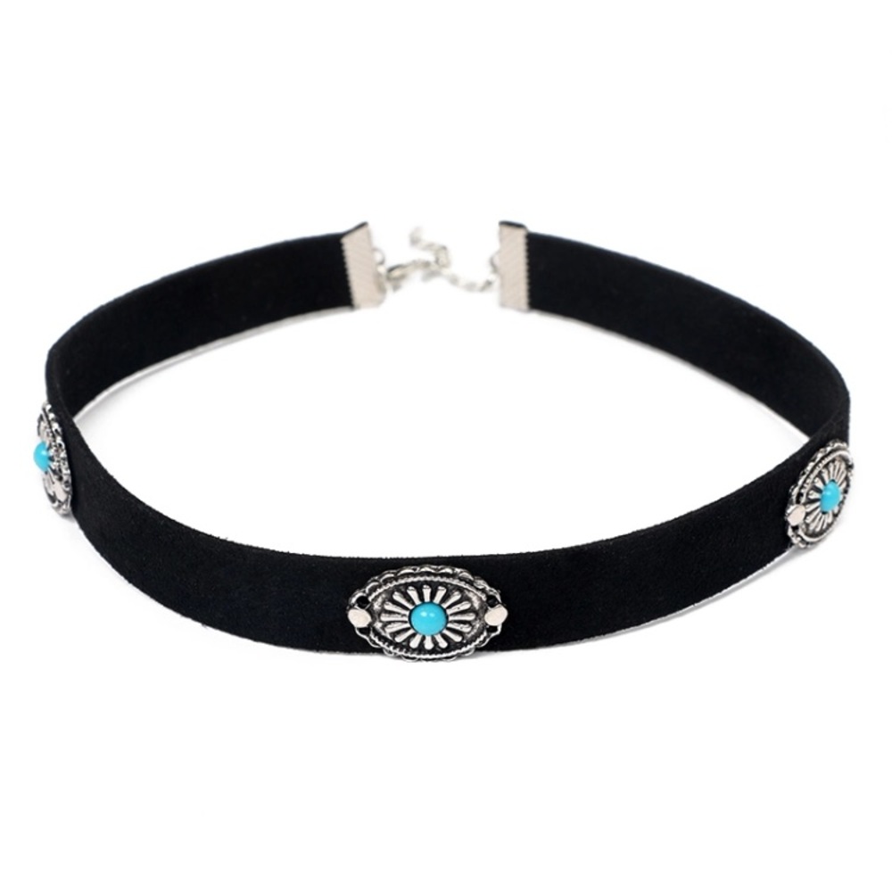 Turquoise & Silver Black Suede Conch Choker - Picture 2 of 3