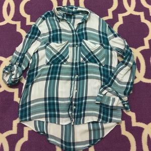 Express Teal Black Boyfriend Button Down Plaid