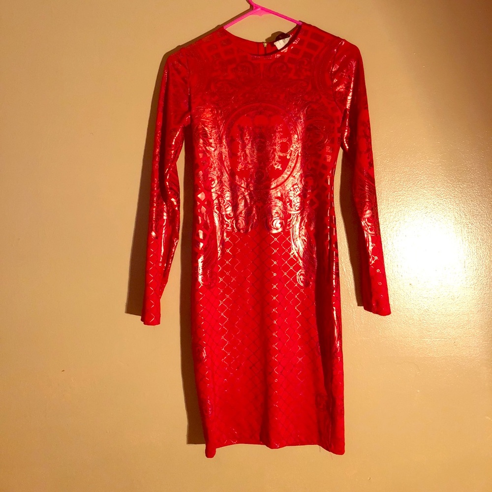 Red Foil Long Sleeve Bodycon Mini Dress