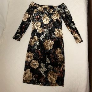 Off the shoulder velvet mini dress.