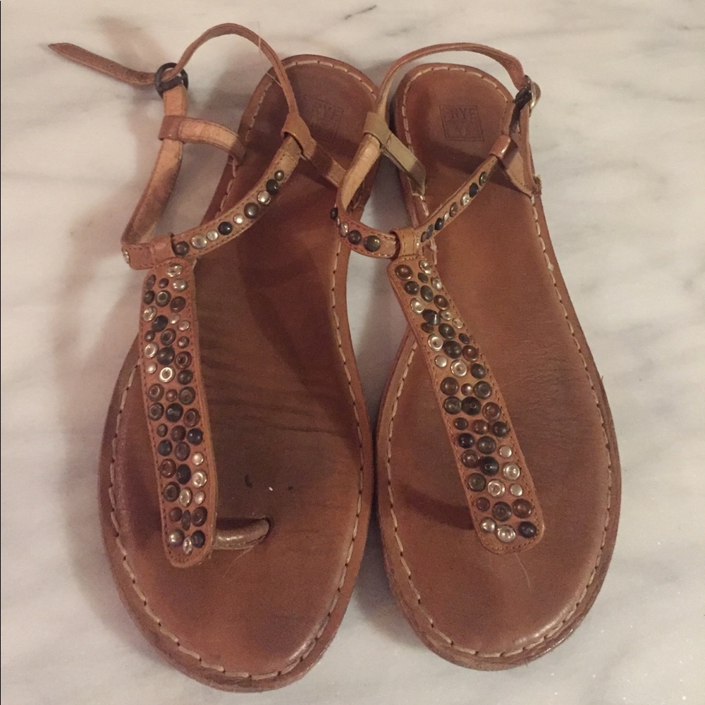 Frye Studded Tan T-Strap Sandals