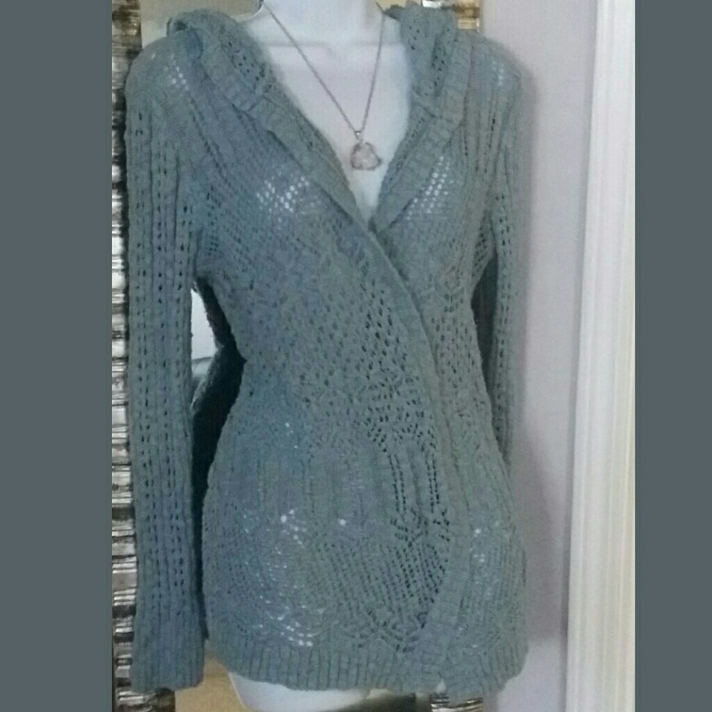 Casually cute crocheted cardigan-hooded, baby blue