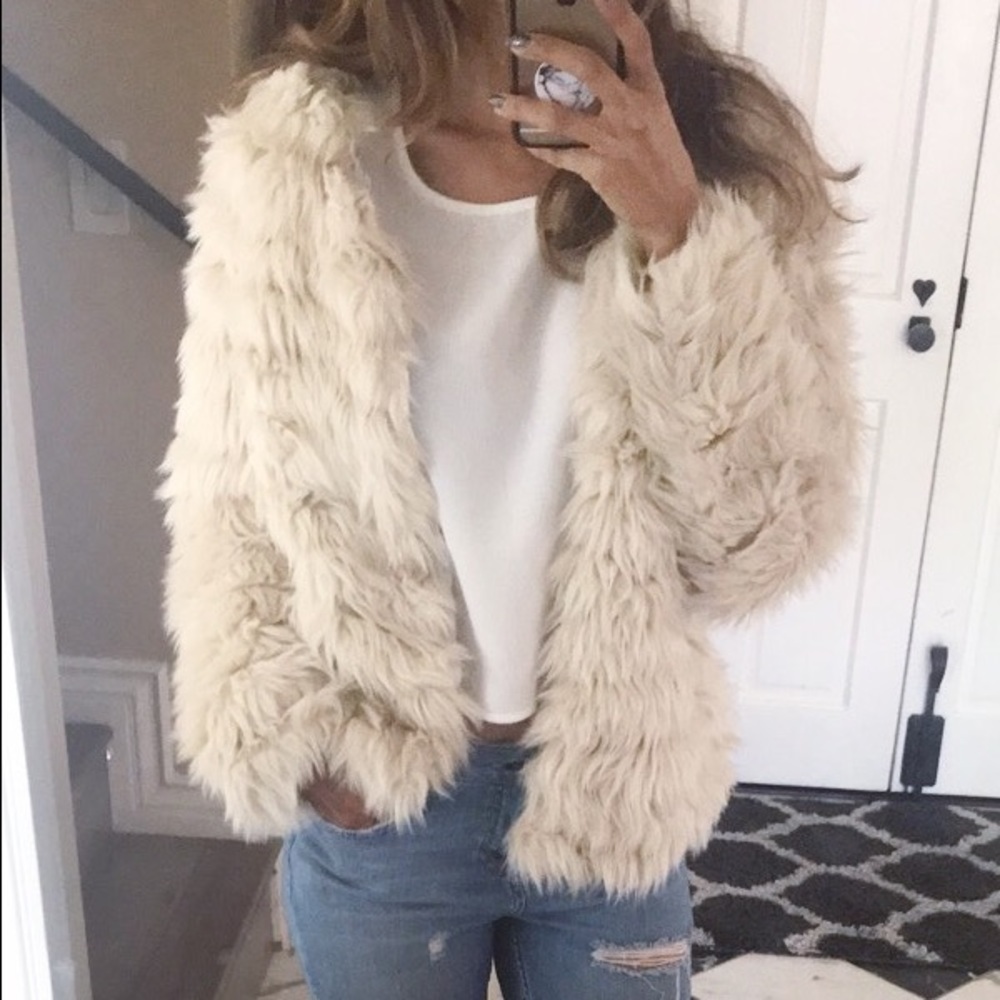 Beige/Cream Faux Fur Jacket