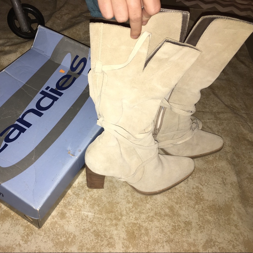 Candies Scandal Ecru Suede Boots